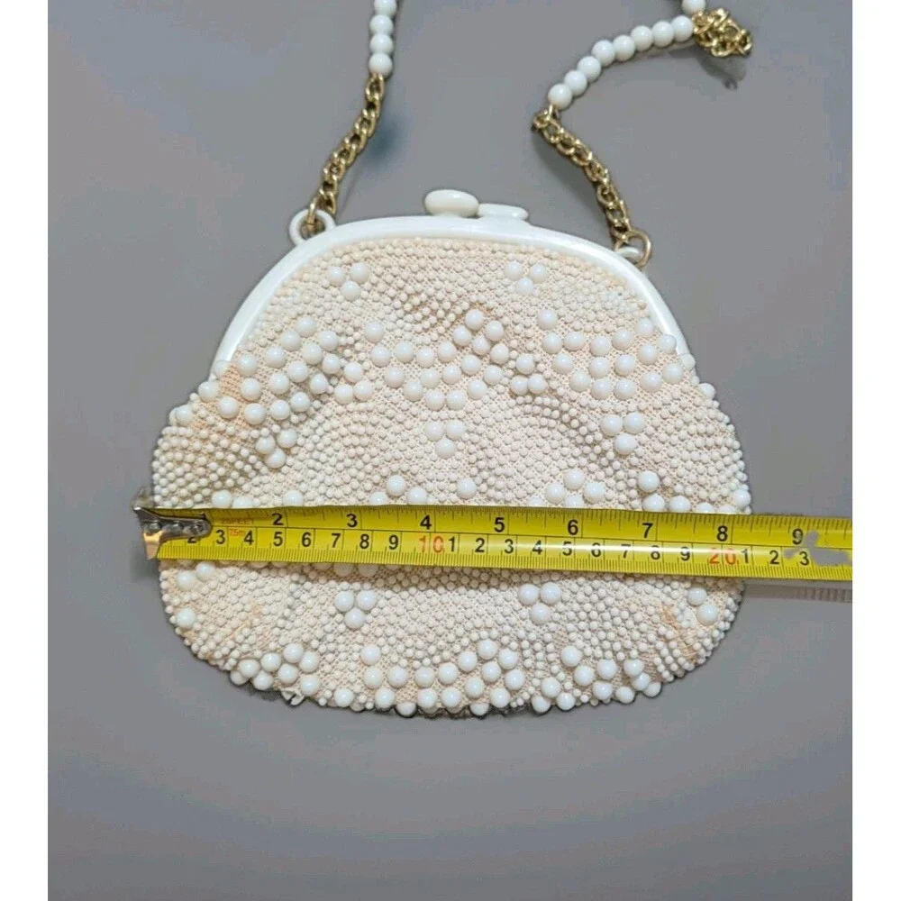 Vintage 1950s White Milk Glass Beaded Clutch Purse Lucite Frame Kiss Lock As Is